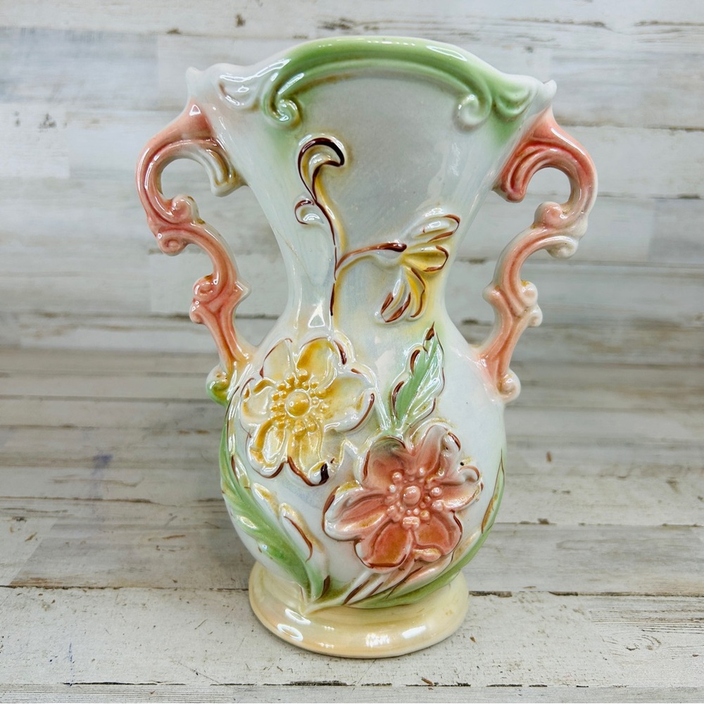 Vintage 8” Lusterware Double Handled Vase Pink Green Relief Made In Brazil #1925
